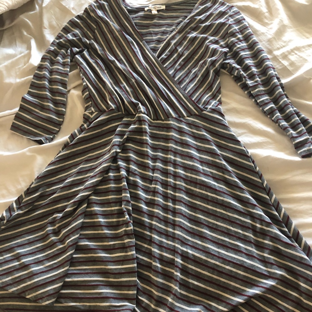 Gray dress with white & maroon stripes